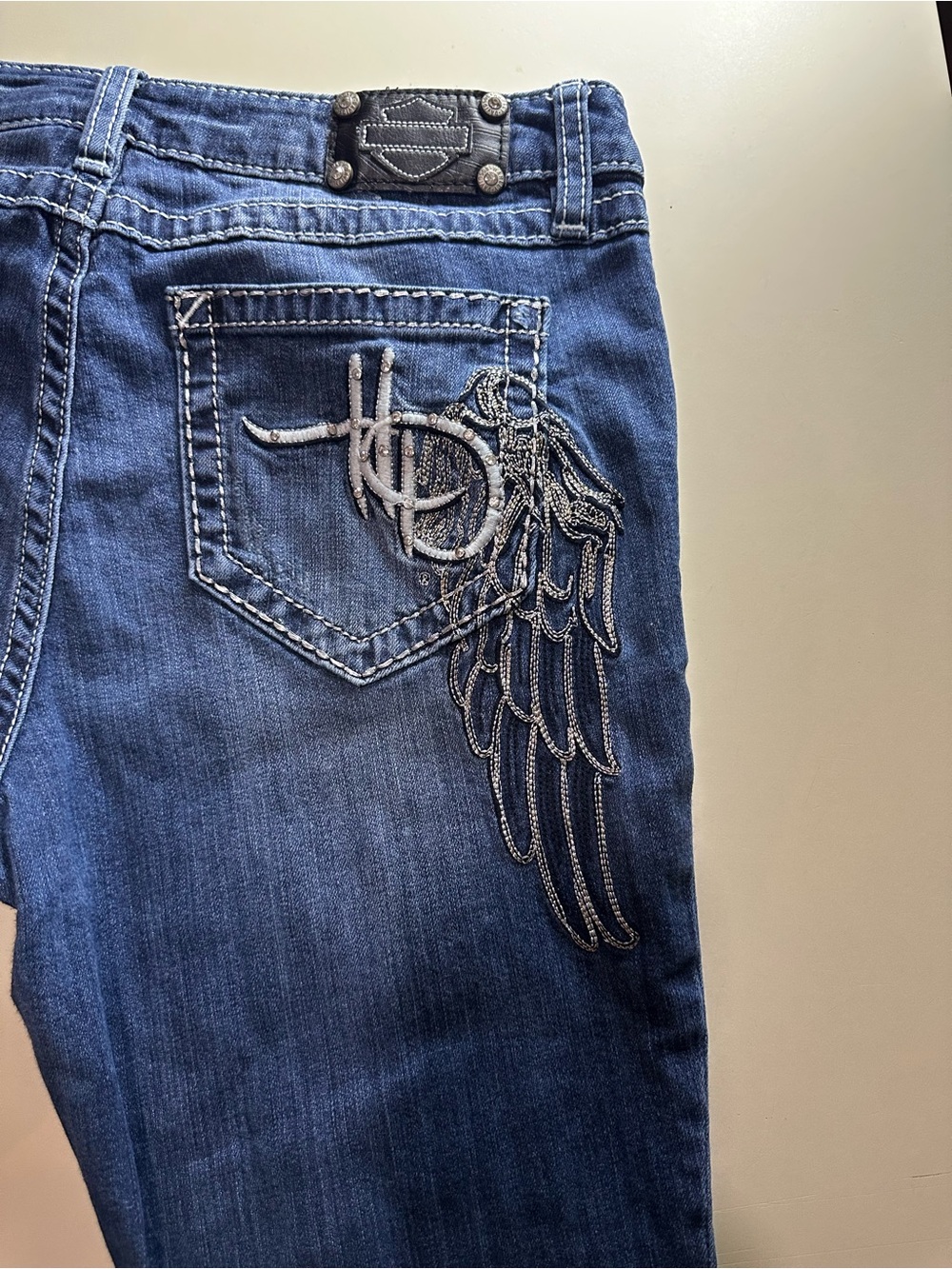 Harley-Davidson Blue Denim Wide Leg Jeans with Embroidered Wing. Very sexy! - Picture 4 of 9